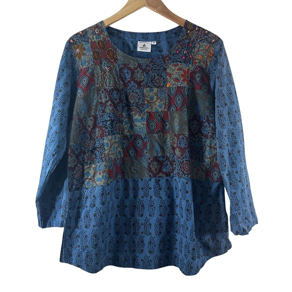 Marketplace Handwork of India Cotton Patchwork Embroidered Tunic Top Blue Med